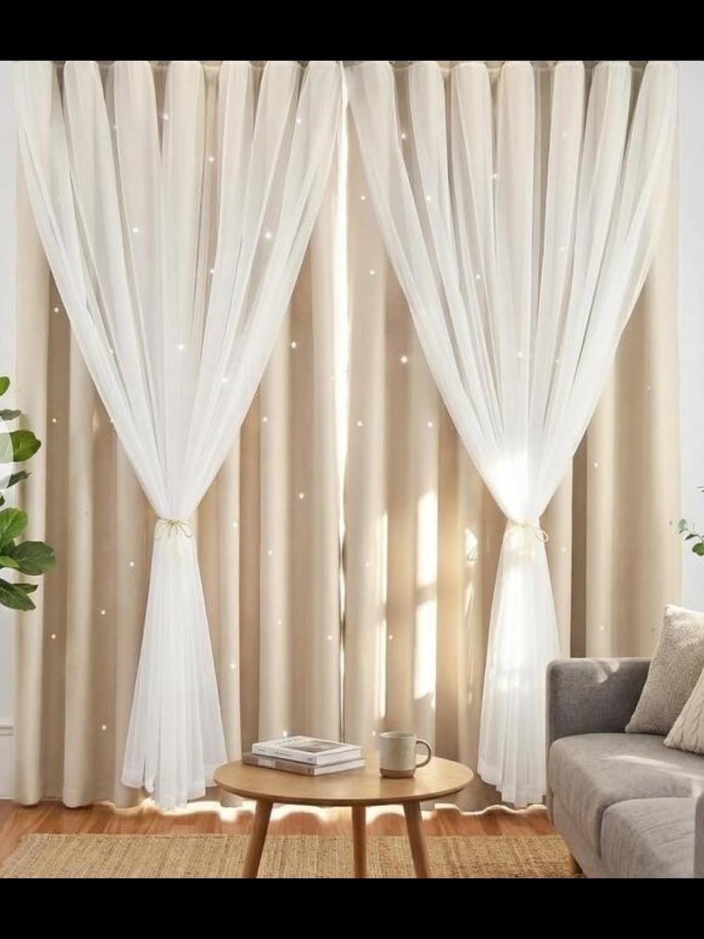 Sheer White Layered Curtain Set with Beige Blackout Panels